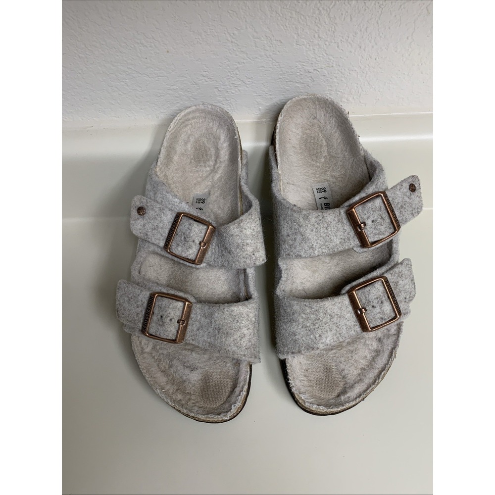 Birkenstock Women's Arizona Rivet Grey Shearling Wool Slip On Sandals Sz 39 Sz 8
